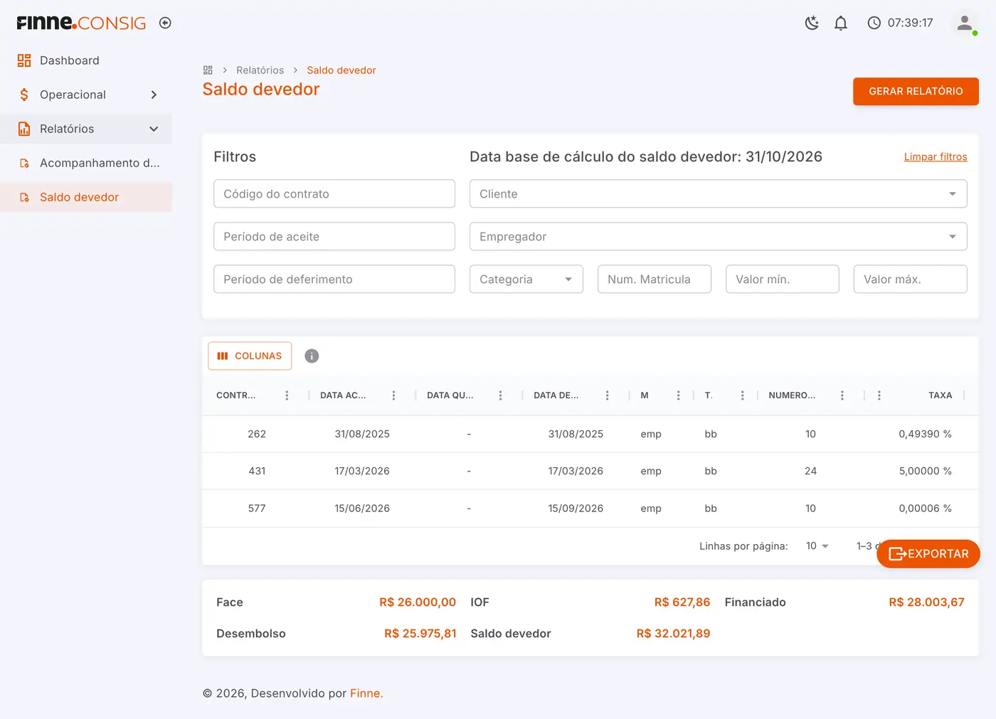 Relatório de saldo devedor no FINNE.Consig, com filtros, contratos e totais de face, IOF, financiado, desembolso e saldo devedor