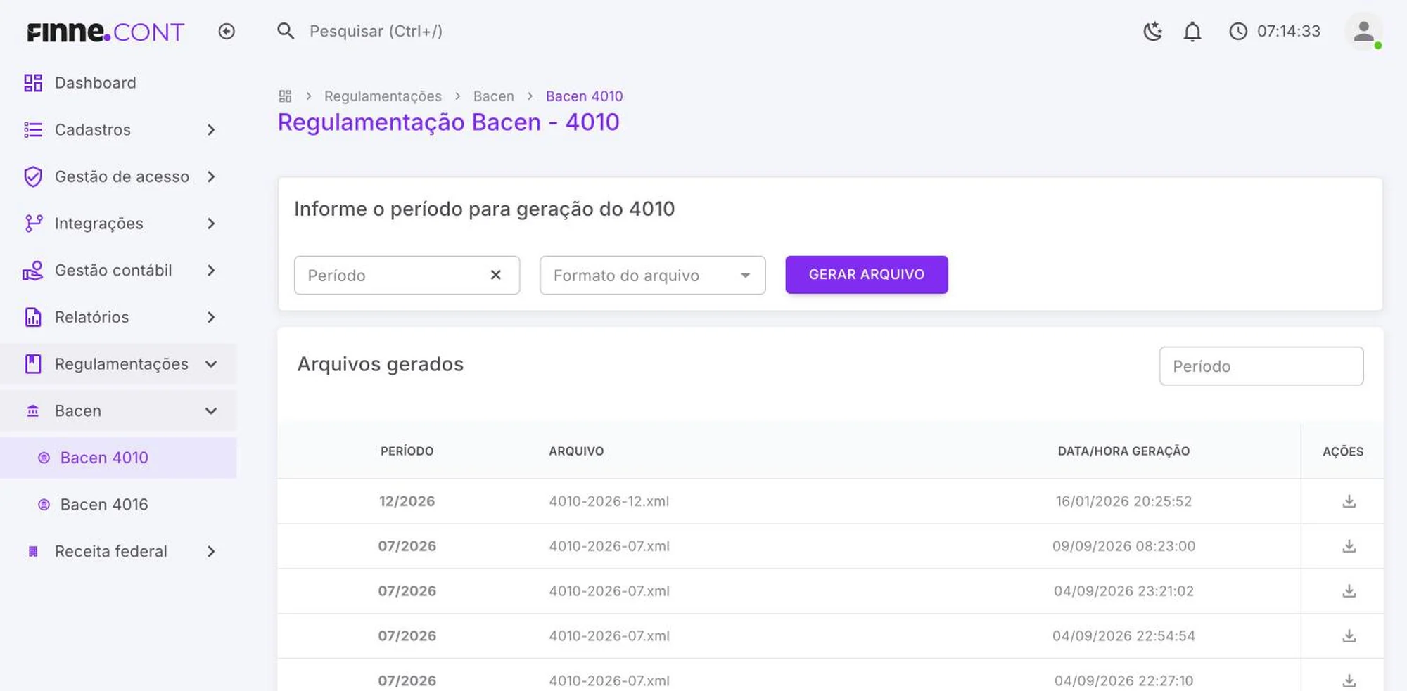 Tela Bacen 4010 do FINNE.Cont, com geração do arquivo por período e formato e a lista de arquivos gerados