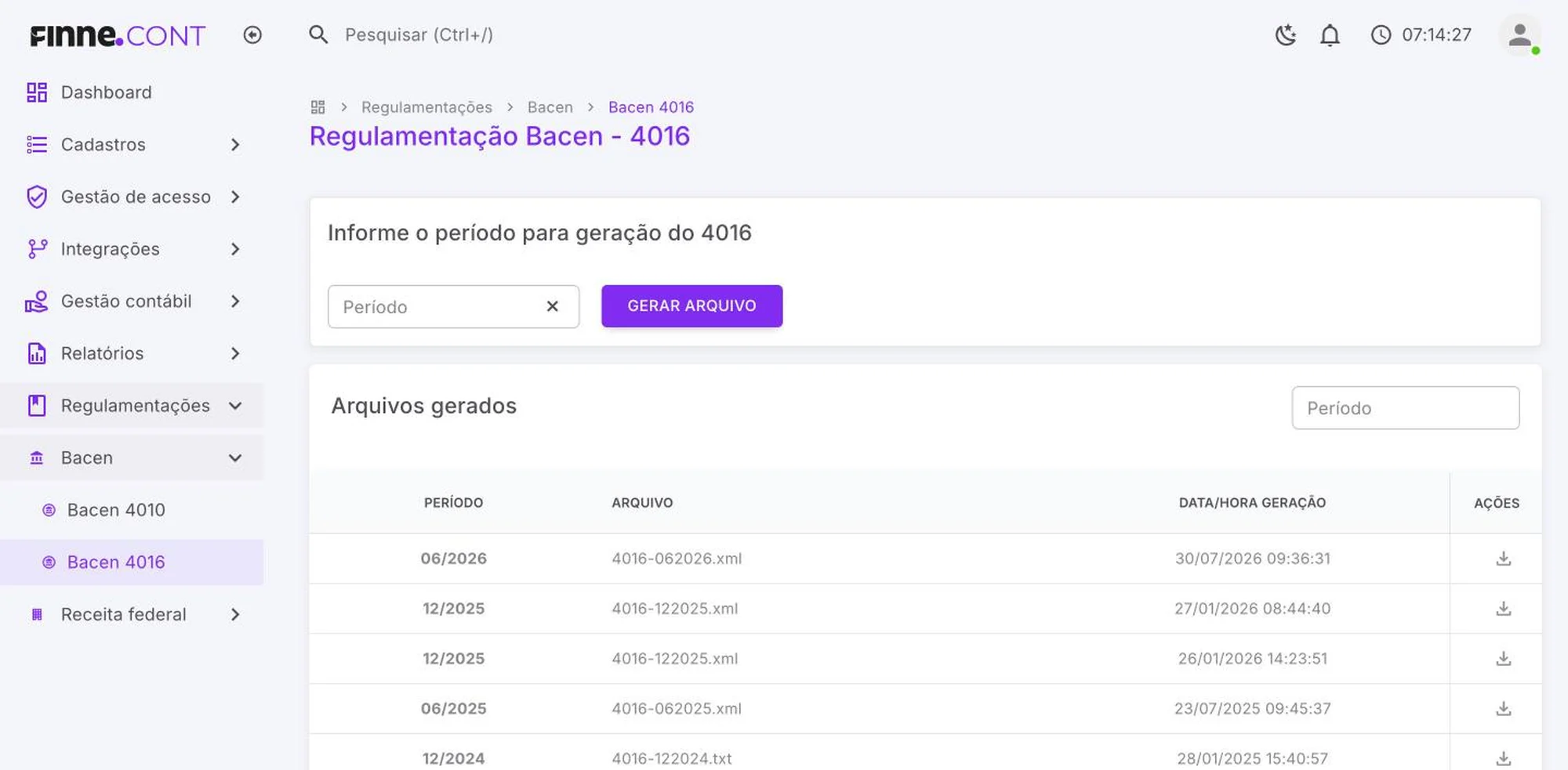 Tela Bacen 4016 do FINNE.Cont, com geração do arquivo por período e a lista de arquivos gerados