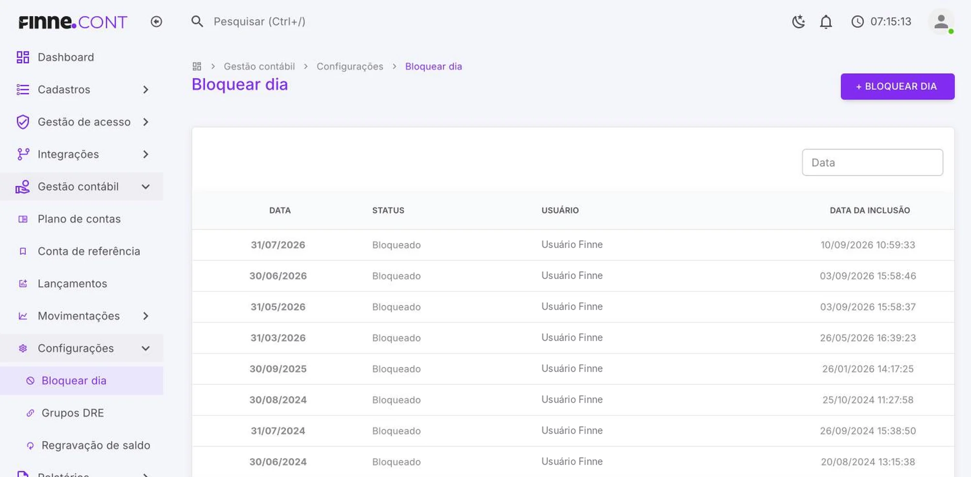 Tela Bloquear dia do FINNE.Cont, com a lista de datas bloqueadas, status e data da inclusão