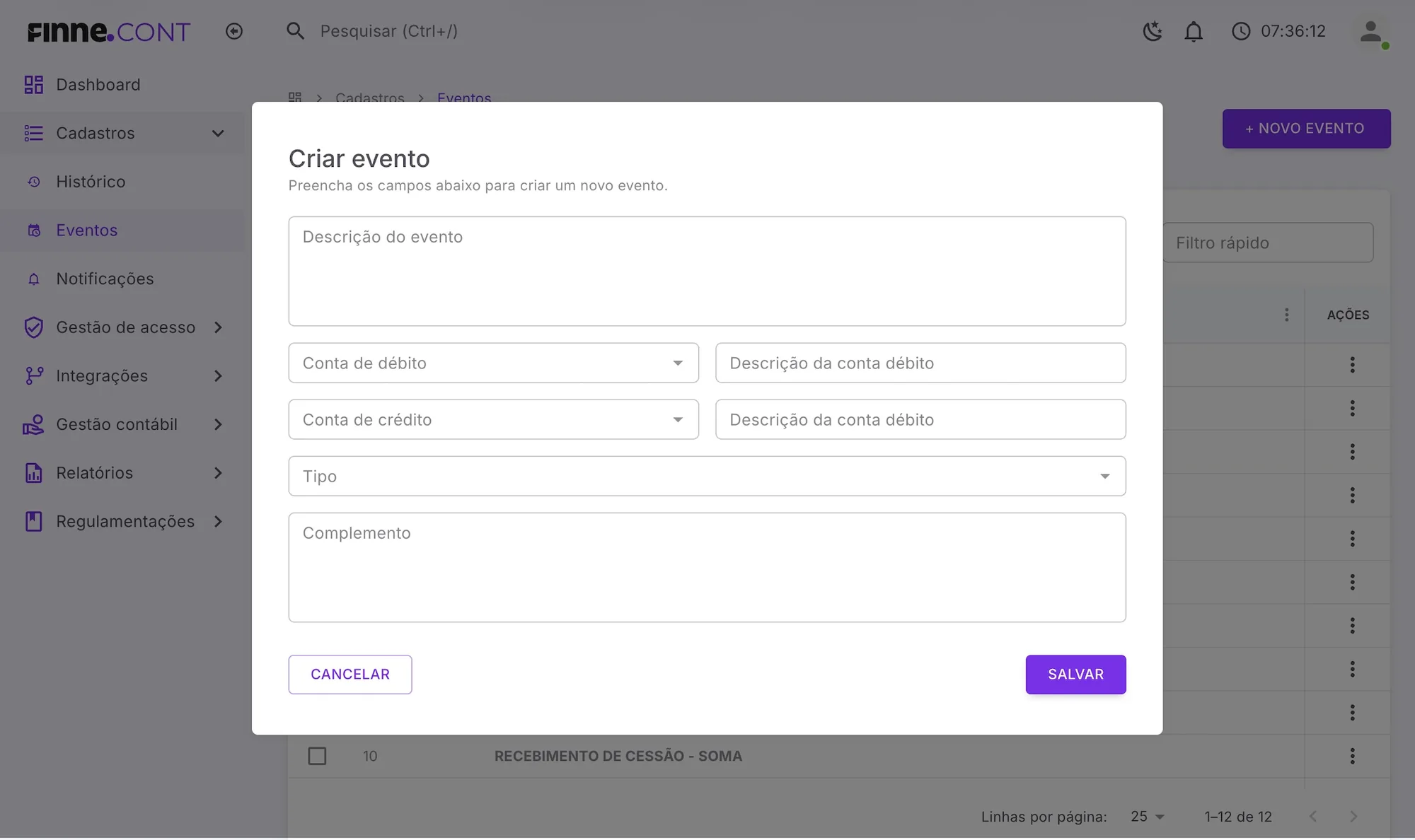 Tela Criar evento do FINNE.Cont, com descrição do evento, contas de débito e crédito, tipo e complemento