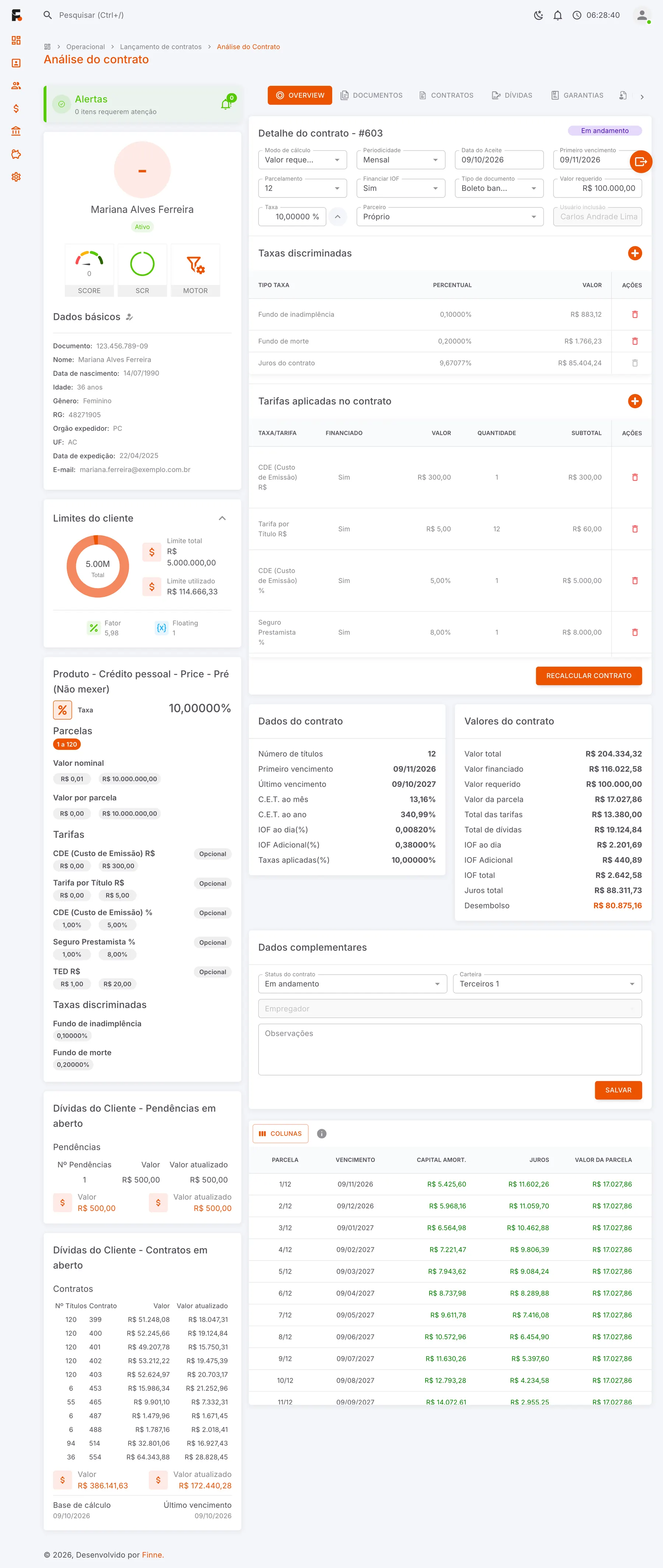 Tela de análise de contrato do FINNE.Desk com dados do cliente, limites, taxas, tarifas e parcelas