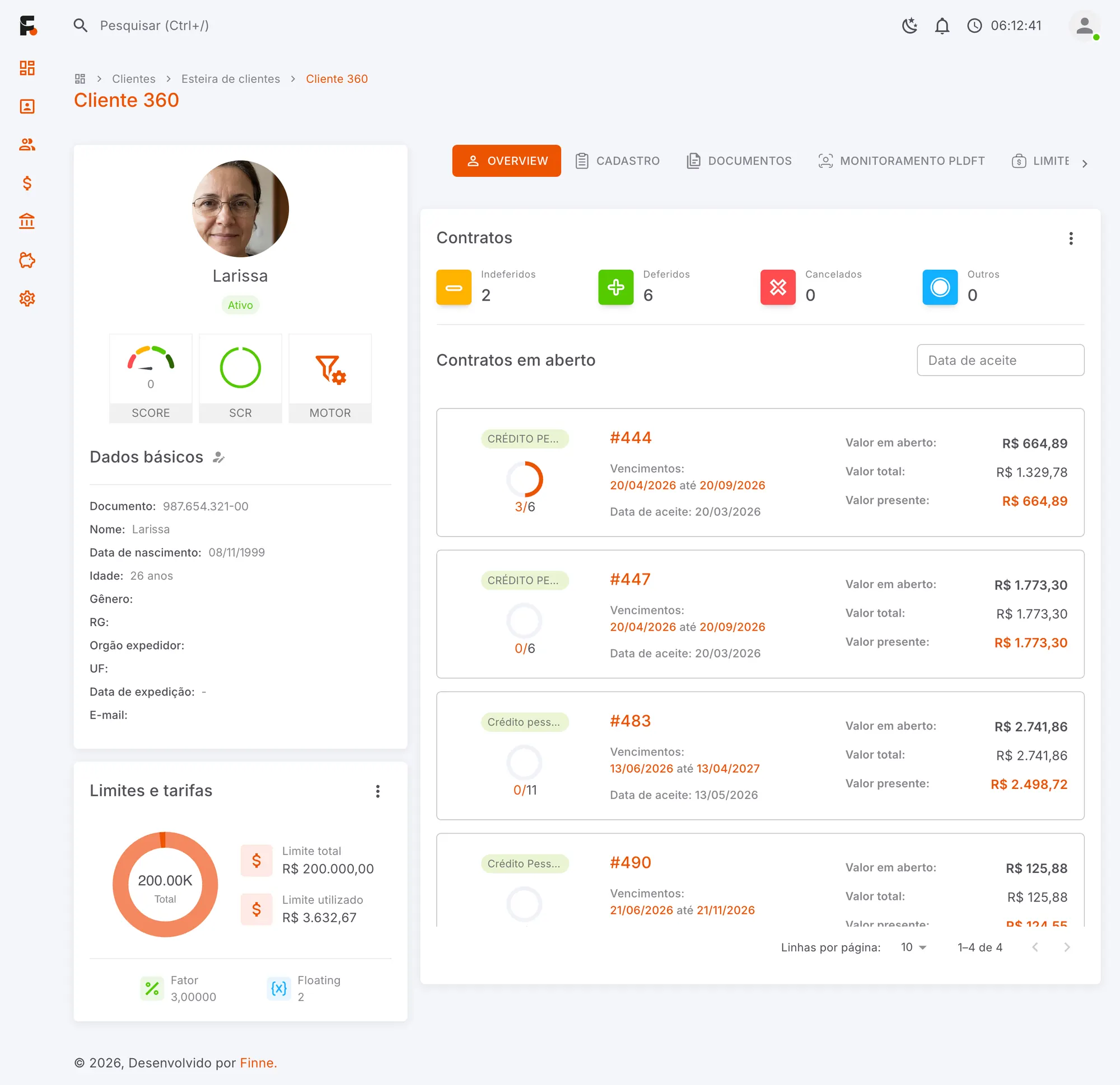 Tela Overview do Cliente 360 no FINNE.Desk