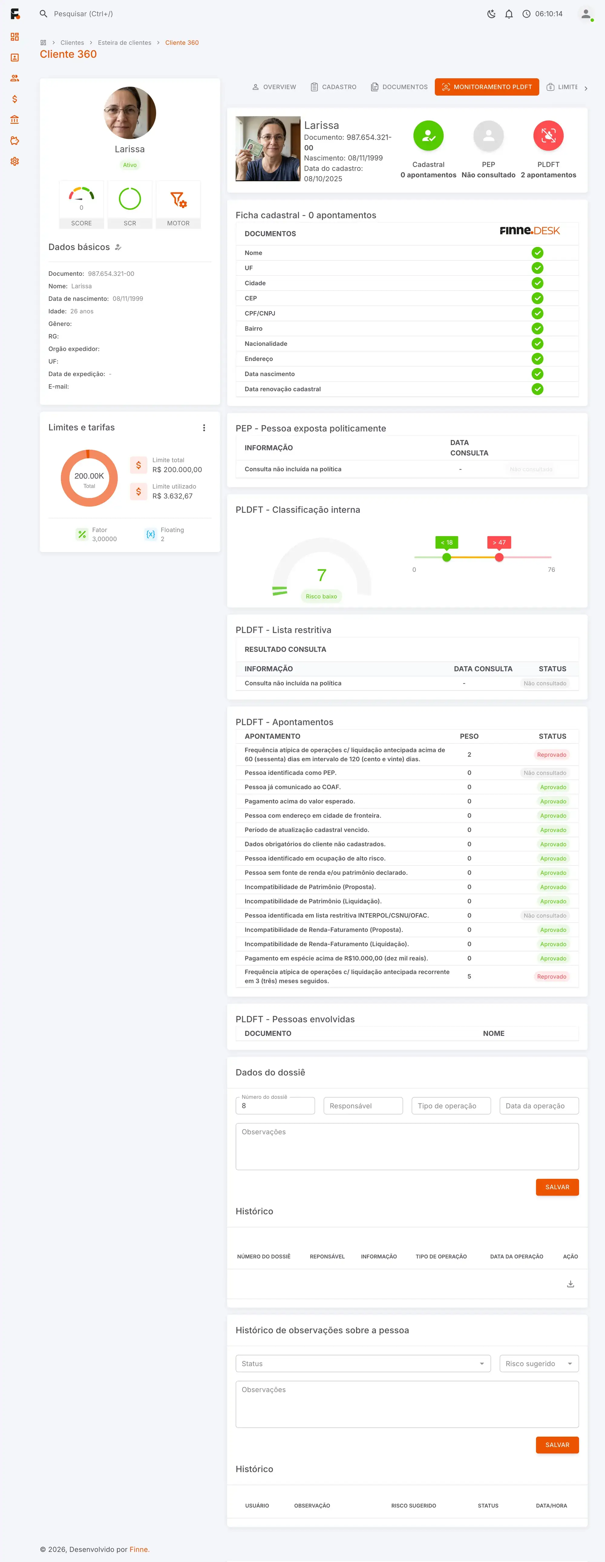 Tela Monitoramento PLDFT do Cliente 360 no FINNE.Desk