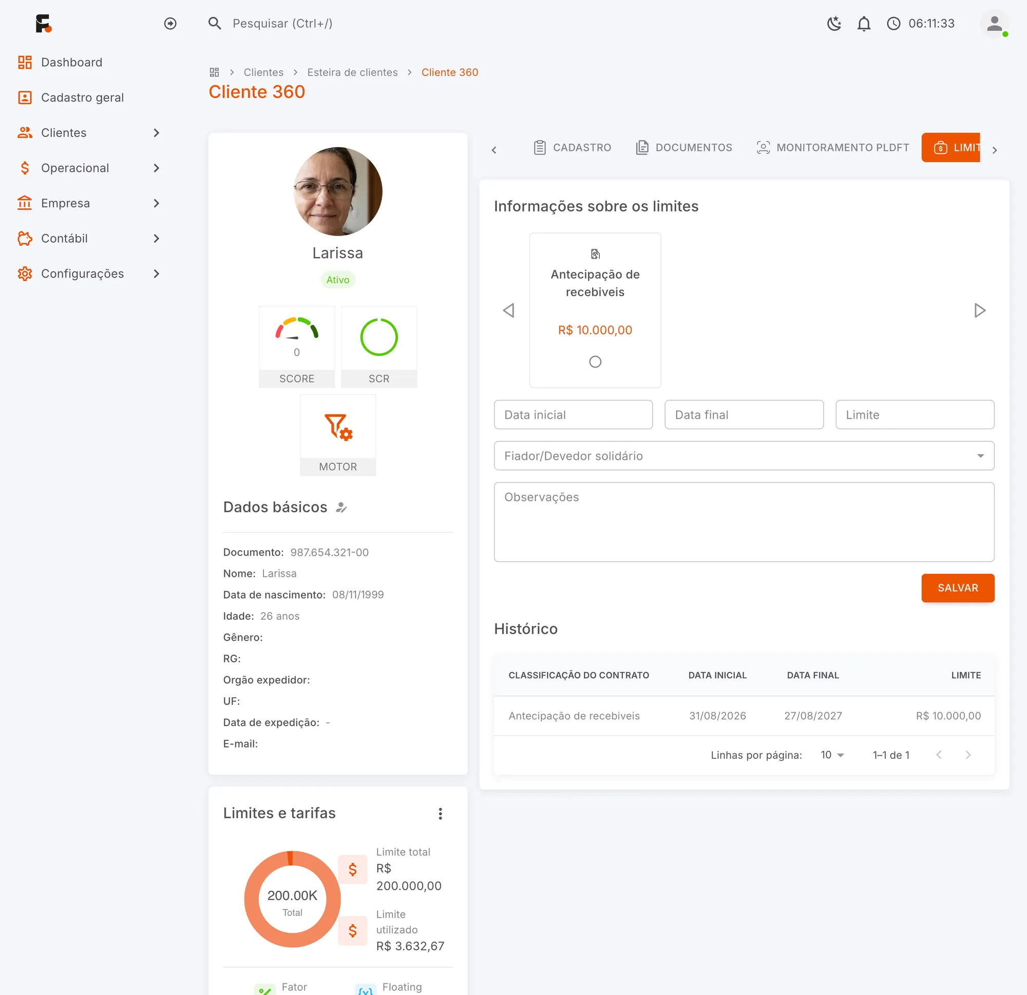 Tela Limites do Cliente 360 no FINNE.Desk
