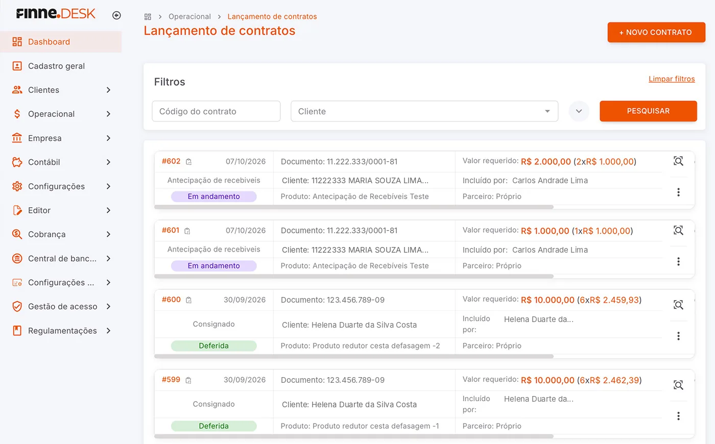 Tela de lançamento de contratos do FINNE.Desk com filtros e esteira de propostas