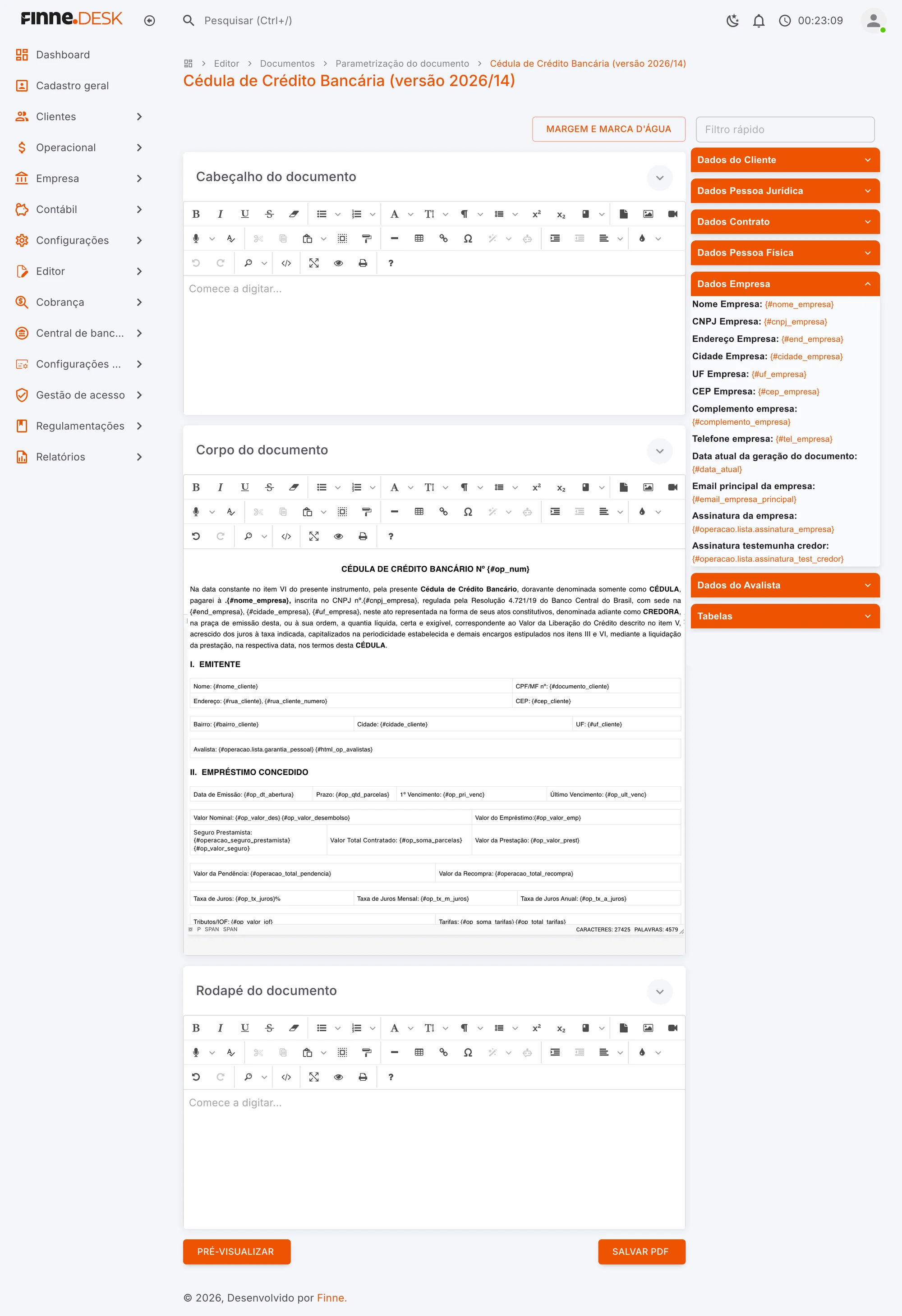 Tela de parametrização de documento do FINNE.Editor, com editor de cabeçalho, corpo e rodapé e painel de tags de dados