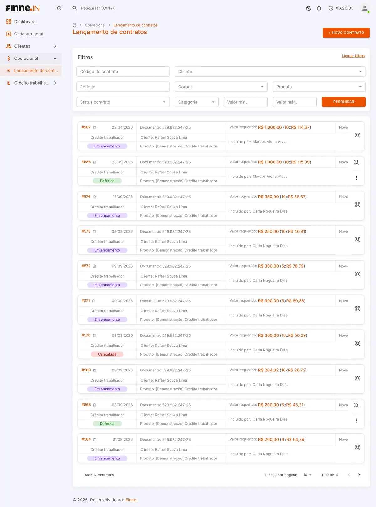 Tela de acompanhamento de contratos no FINNE.In, com filtros, status e valores de cada proposta