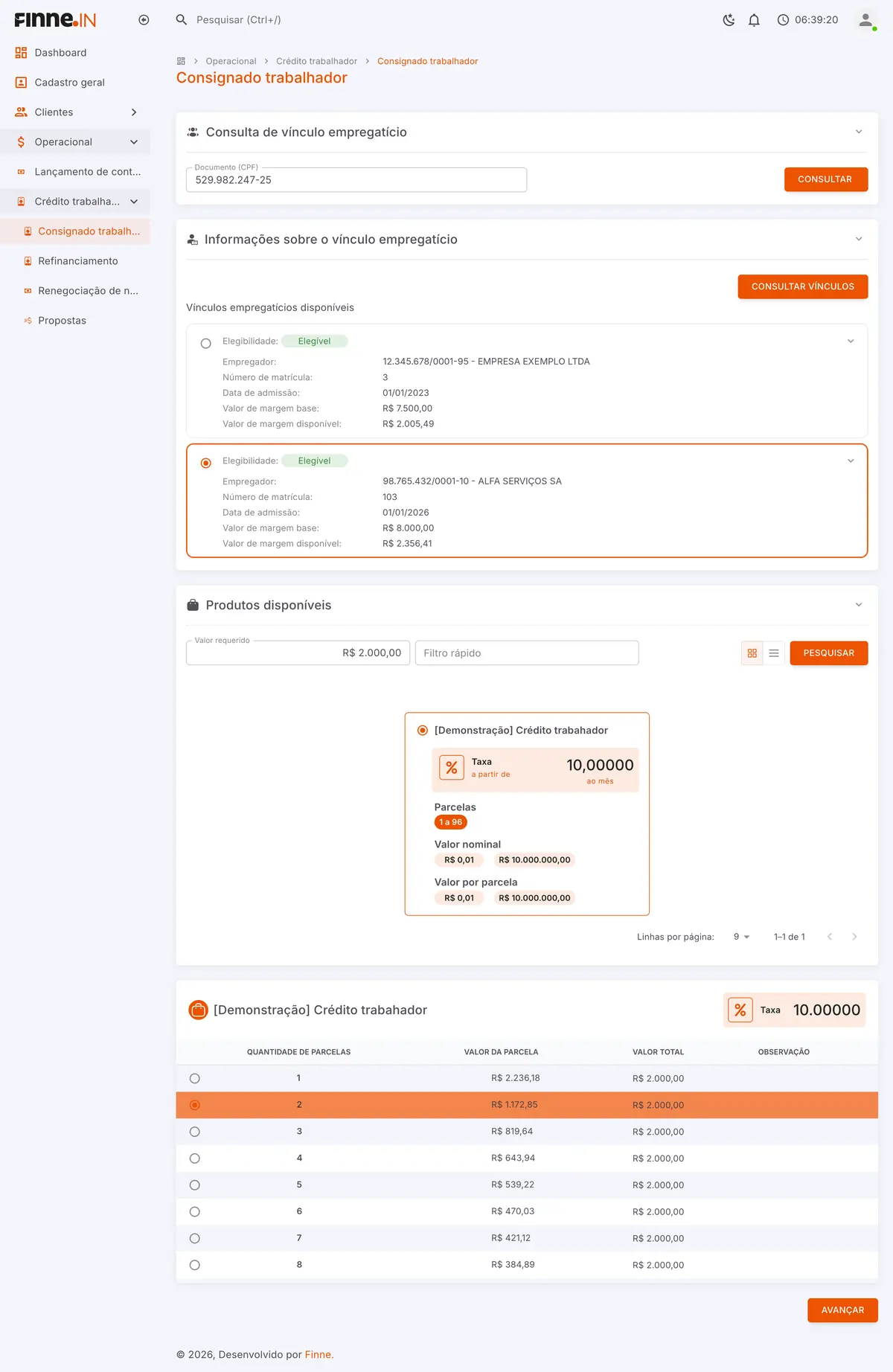 Tela de consignado trabalhador no FINNE.In, com consulta de vínculo empregatício, produtos disponíveis e simulação de parcelas
